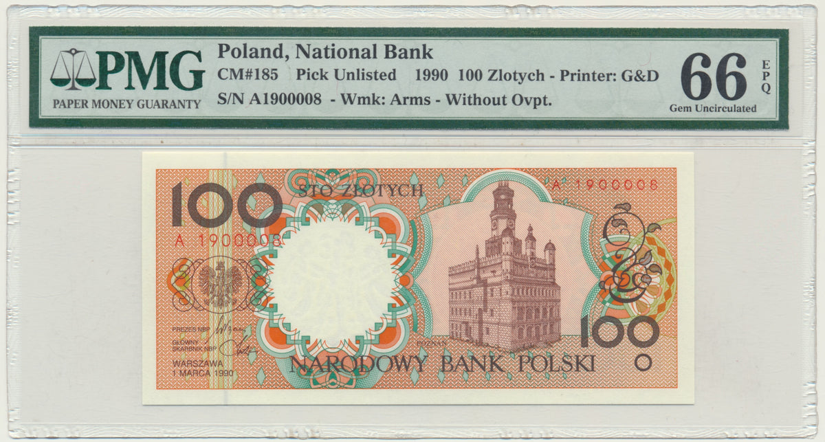 Banknot 100 złotych 1990 – A – PMG 66 EPQ