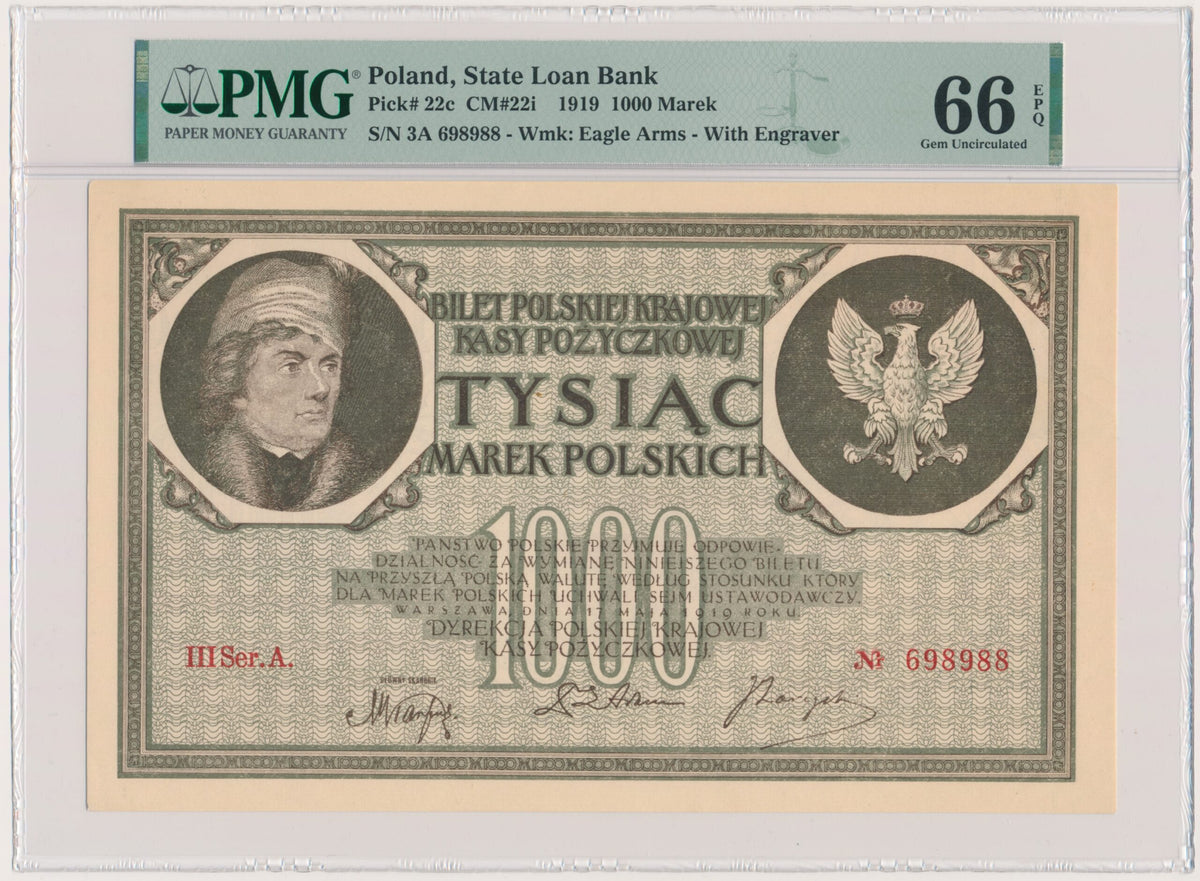 1.000 marek 1919 – III Ser. A. – 6 cyfr – PMG 66 EPQ