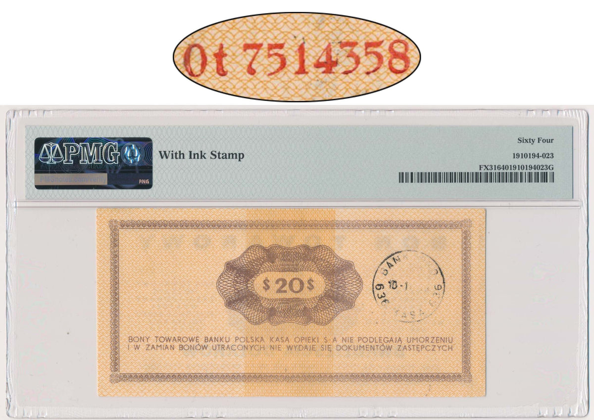 Pewex, 20 dolarów 1969 – Ot – PMG 64 – NIEWYŁAPANE FAŁSZERSTWO