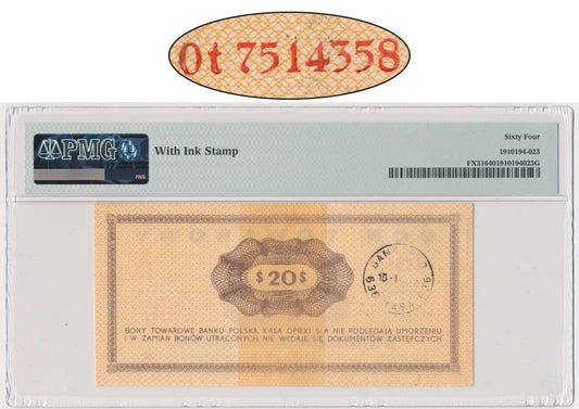 Pewex, 20 dolarów 1969 – Ot – PMG 64 – NIEWYŁAPANE FAŁSZERSTWO