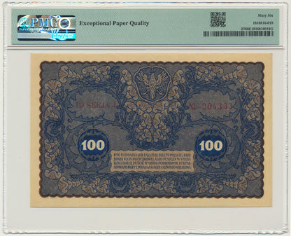Banknot 100 marek 1919 – ID Serja J – PMG 66 EPQ