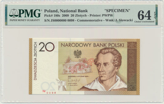 Banknot 20 złotych 2009 – Juliusz Słowacki – WZÓR – PMG 64 EPQ – RZADKOŚĆ