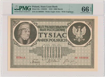 1.000 marek 1919 – III Ser. A. – 6 cyfr – PMG 66 EPQ