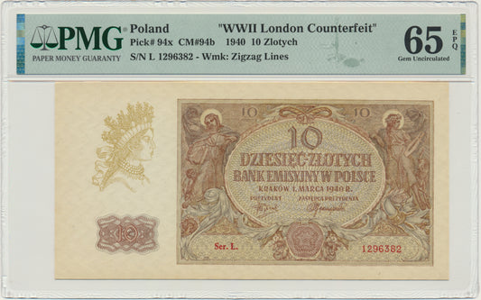 Banknot 10 złotych 1940 – L. – London Counterfeit – PMG 65 EPQ