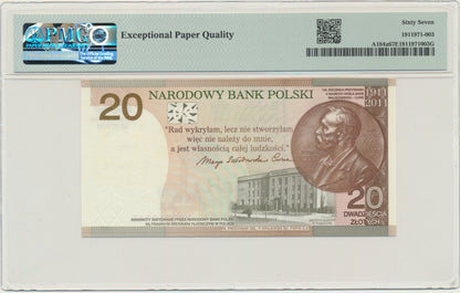 Banknot 20 złotych 2011 – Maria Skłodowska Curie – PMG 67 EPQ