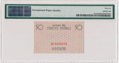 Banknot 50 fenigów 1940 – numerator czerwony – PMG 66 EPQ